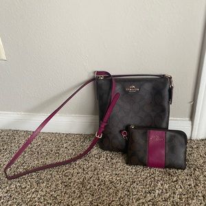 Coach | Brown & Cranberry Coach Signature North South Crossbody and Wallet